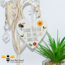 Load image into Gallery viewer, 3 ceramic hanging heart plaques with bees and daisies with &quot;thank you for being amazing&quot; message