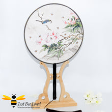 Load image into Gallery viewer, Hand painted vintage Chinese round hand fan on display stand decorated with bees birds and flowers