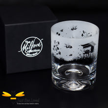 Load image into Gallery viewer, Milford frosted tumbler whiskey glass with bees, flowers and beehive design.