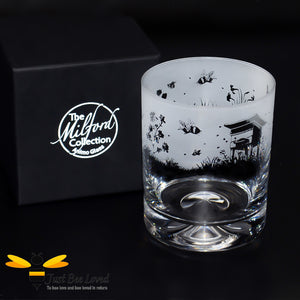 Milford whiskey glass decorated with frosted etched bees