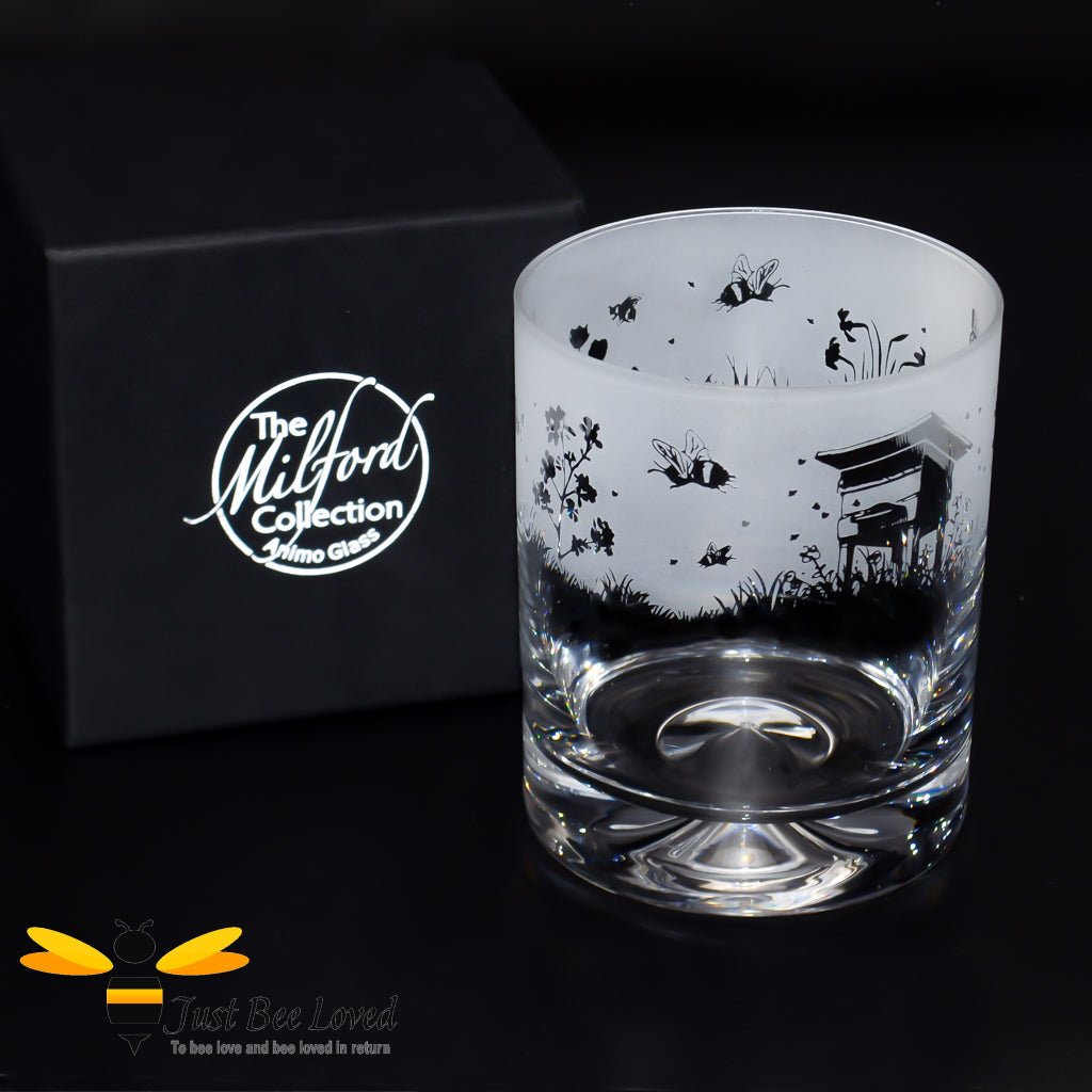 Milford whiskey glass decorated with frosted etched bees