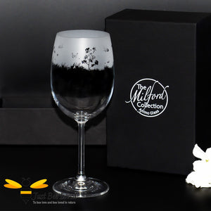 Milford stemmed wine glass decorated with frosted etched bees
