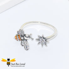 Load image into Gallery viewer, Sterling silver 925 open ring featuring a bee and star with white and orange zirconia