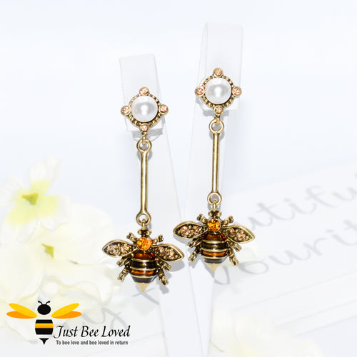 Handmade Rhinestone & Pearl Bee Dangle Earrings Fashion Jewellery