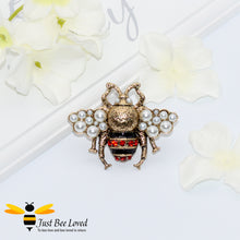 Load image into Gallery viewer, Antique gold bee ring with red crystals and white pearls