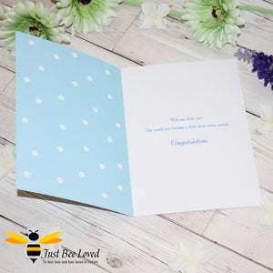 Just Bee Loved Little Bee New Baby Boy Greeting Card featuring a cute baby bumble bee with a dummy design by Artist Yasmin Flemming