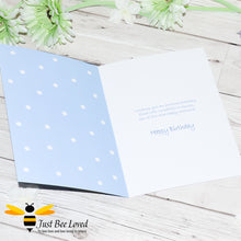 Load image into Gallery viewer, Just Bee Loved Little Bee Happy Birthday Greeting card for boy featuring bumble bee with a party hat and balloons design by Artist Yasmin Flemming