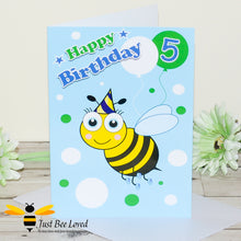 Load image into Gallery viewer, Just Bee Loved Little Bee Age 5 Birthday Card for Boy with bee illustration by Artist Yasmin Flemming