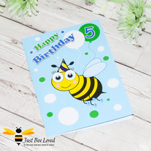 Load image into Gallery viewer, Just Bee Loved Little Bee Age 5 Birthday Card for Boy with bee illustration by Artist Yasmin Flemming