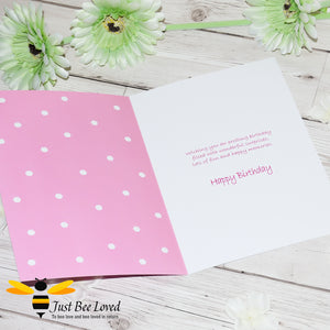 Just Bee Loved Little Bee Happy Birthday Greeting card for Girl featuring bumble bee with a party hat and balloons design by Artist Yasmin Flemming