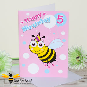 Just Bee Loved Little Bee Age 5 Birthday Greeting Card for Girl with bee illustration by Artist Yasmin Flemming