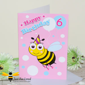 Just Bee Loved Little Bee Age 6 Birthday Greeting Card for Girl with bee illustration by Artist Yasmin Flemming 