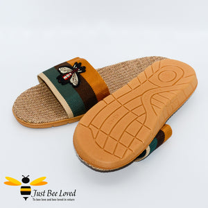 Men's woven hemp slippers with embroidered bee design