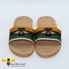 Load image into Gallery viewer, Men&#39;s woven hemp vegan slippers with embroidered bee design