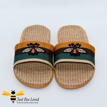 Load image into Gallery viewer, Men's woven hemp vegan slippers with embroidered bee design
