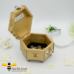 Just Bee Loved Bee Handmade Hexagon Jewellery Box Decorated with Bees Daisies and Pearls