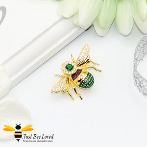 Sterling silver 925 gold plated bee brooch inlaid with rubies, green spinel and white zirconia crystals