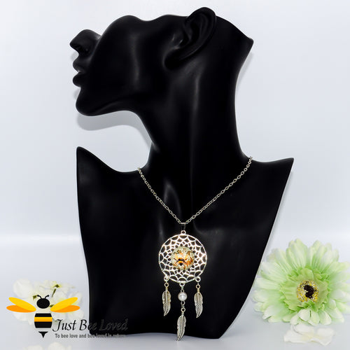 Dreamcatcher Bumblebee Pendant Silver Necklace Bee Trendy Fashion Jewellery