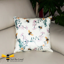 Load image into Gallery viewer, Soft and luxurious to the touch, large scatter cushion featuring embroidered like design image of flying bumblebees and flowers in cream