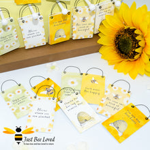Load image into Gallery viewer, A collection of yellow wooden mini cards with bee-related graphics and various messages such as 'You are the bees knees' and 'Bee your own kind of beautiful'.