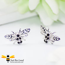Load image into Gallery viewer, Sterling Silver & Black Zirconia Bee Stud Earrings