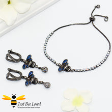 Load image into Gallery viewer, handmade rhinestone encrusted sliding bee bracelet with matching bee drop earrings.
