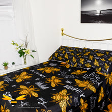Load image into Gallery viewer, queen honey bee duvet bedding set featuring golden honey bees with stars, crowns and bee related statements print