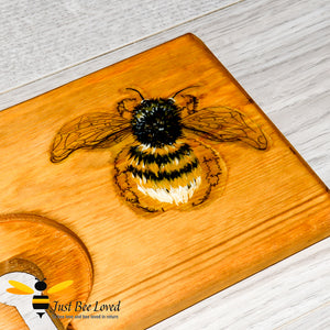 solid pine wood bath caddy tray; featuring hand-painted bumble bee art by British artist Joanna Williams