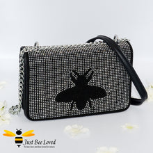 Load image into Gallery viewer, Black faux leather handbag encrusted with thousands of hand-painted crystal diamantes and featuring a large central bee