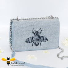 Load image into Gallery viewer, faux leather blue handbag encrusted with crystal diamantes with a large central bee