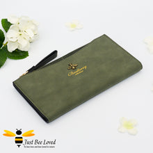 Load image into Gallery viewer, Green Faux suede leather long bee wallet purse