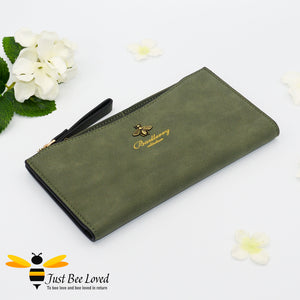 Faux suede leather long bee wallet purse in green colour