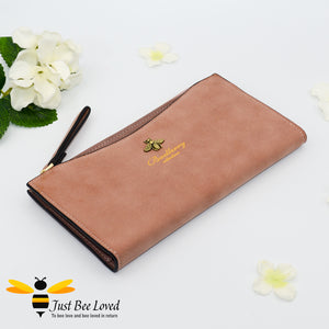 Faux suede leather long bee wallet purse in light pink colour