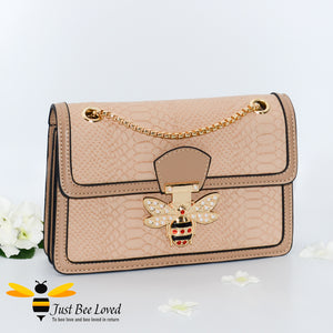 Embossed textured pu leather taupe beige handbag with bee decoration
