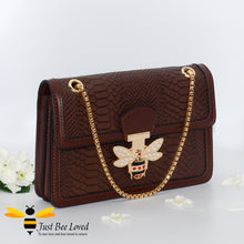 Load image into Gallery viewer, Embossed textured pu leather dark brown handbag with bee decoration