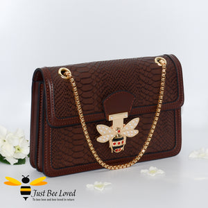 Embossed textured pu leather dark brown handbag with bee decoration