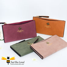 Load image into Gallery viewer, Faux suede leather long bee wallet purses in pink, green, yellow, red colours