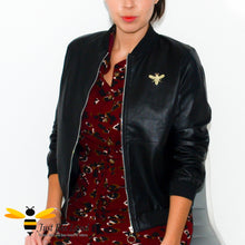 Load image into Gallery viewer, Women's faux vegan friendly leather black biker bomber baseball jacket featuring bee embroidery detailing