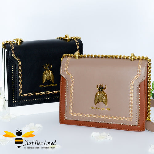 Vegan leather handbag with large gold bee embellishment in black and brown colours