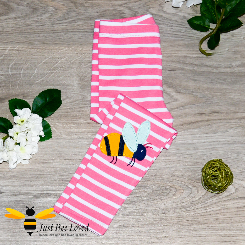 Girls Bumblebee Flower Applique Pink Stripe Leggings Ages 1