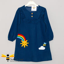 Load image into Gallery viewer, Girl's denim long sleeved dress with bumble bee