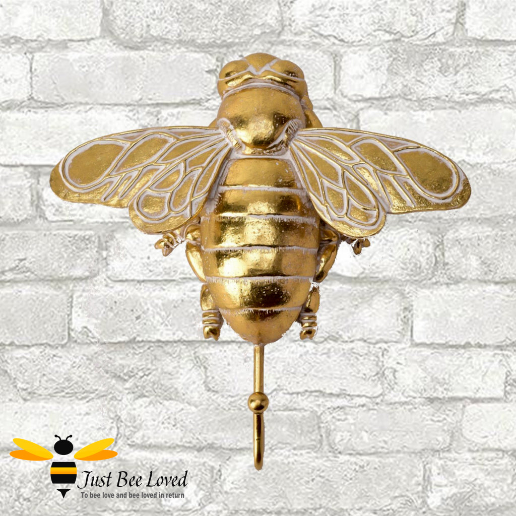 Large distressed gold effect bee wall hanging hook