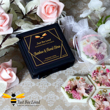 Load image into Gallery viewer, Gift boxed scented botanical wax tablets decorated with gold bee and pink natural dried flowers.