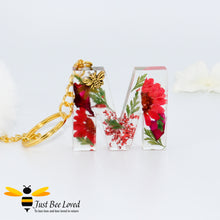 Load image into Gallery viewer, hand-crafted resin letter bee keyrings made with real pressed dried florals. Letter M