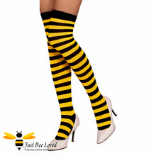 Load image into Gallery viewer, Thigh High Black and Yellow Bee stripe socks stockings