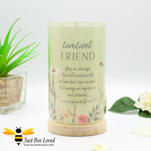 Load image into Gallery viewer, table tube lamp featuring a sentimental tribute to the &quot;loveliest friend&quot; each with an accompanying heartfelt verse, flowers and bumblebees
