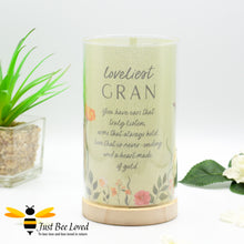 Load image into Gallery viewer, table tube lamp featuring a sentimental tribute to the "loveliest gran" with an accompanying heartfelt verse, flowers and foraging bumblebees