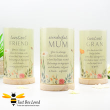 Load image into Gallery viewer, table tube lamp featuring a sentimental tribute to either a &quot;wonderful mum&quot;, &quot;loveliest gran&quot; or &quot;loveliest friend&quot; each with an accompanying heartfelt verse, flowers and bees.