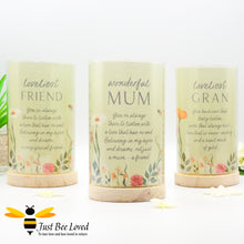 Load image into Gallery viewer, table tube lamp featuring a sentimental tribute to either a "wonderful mum", "loveliest gran" or "loveliest friend" each with an accompanying heartfelt verse, flowers and bees.