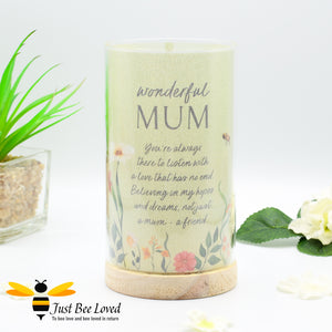 table tube lamp featuring a sentimental tribute to either a "wonderful mum" with an accompanying heartfelt verse, with flowers and bumblebees
